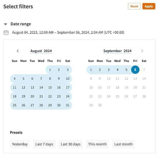 Image showing filtering option for date range spanning 400 days