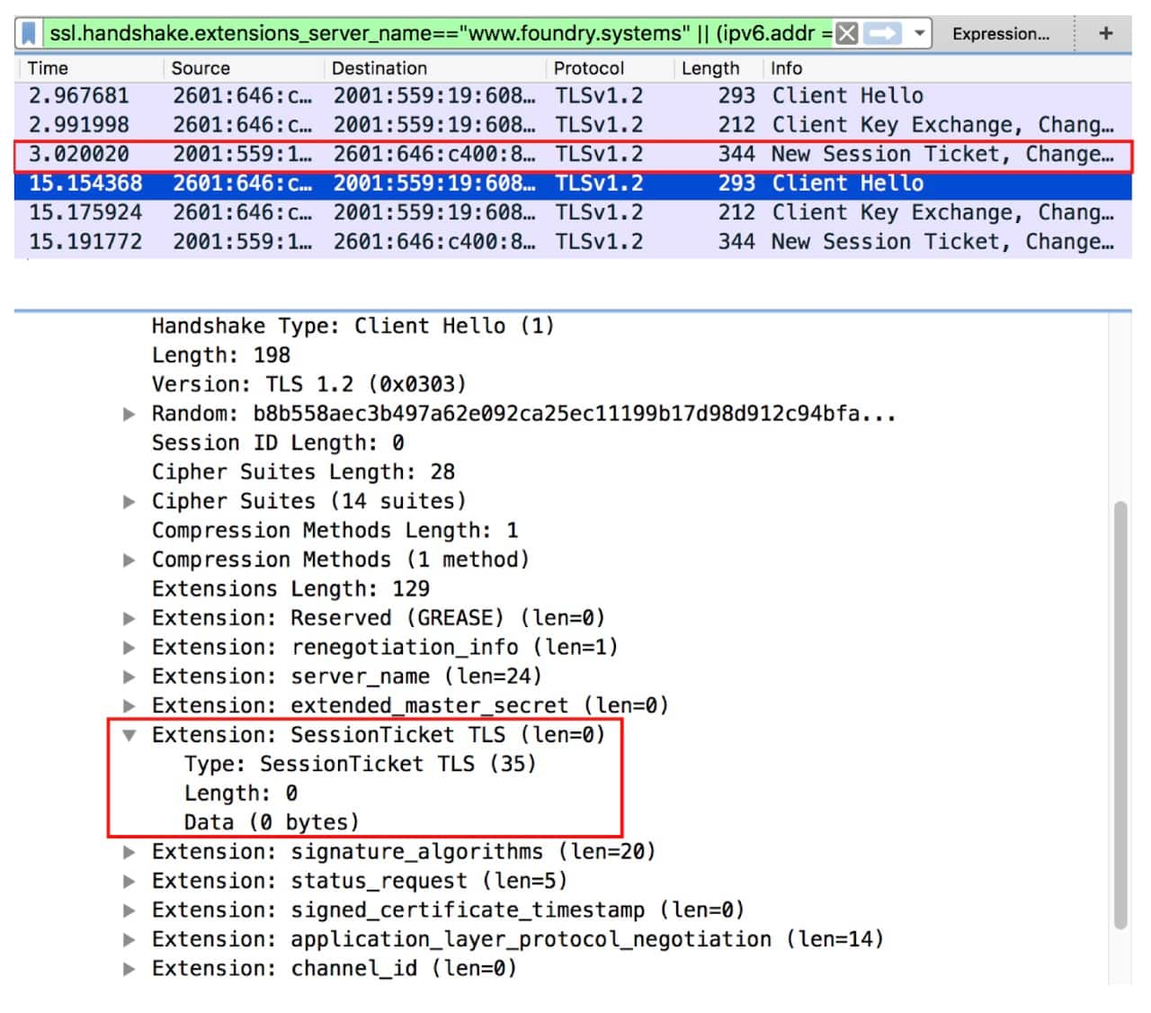 Another observation I made in this experiment was that even when the server sent a TLS session ticket for when the client connected to the server the first time, the client did not advertise the session ticket in its clientHello when it connected the server the second time.