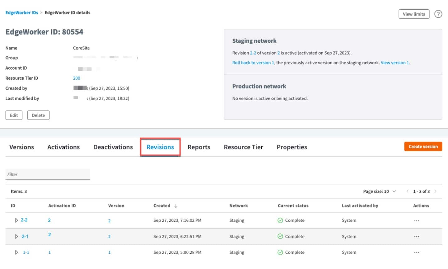 Figure 4 displays revisions listed from a user’s EdgeWorker ID dashboard.