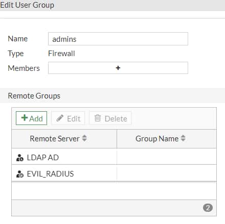 Adding a rogue RADIUS authentication server to a user group