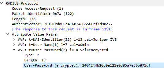 An encrypted password in a RADIUS authentication message