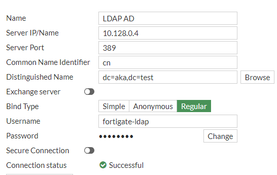 LDAP Authentication server configuration in the FortiGate GUI