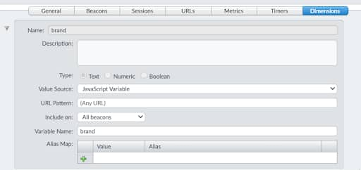 Tab for mPulse custom dimensions fields (name, description, type, value source, URL pattern, include criteria, alias map)