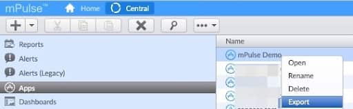 Apps tab from mPulse dashboard displaying mPulse app export instructions