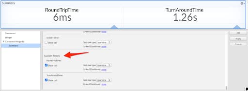 Red arrow pointing to Custom Timers category in Summary tab of mPulse dashboard