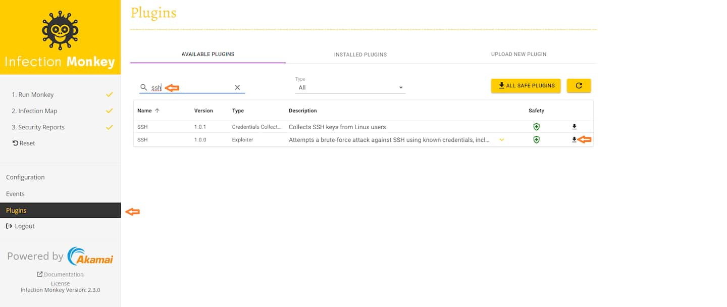 The Infection Monkey plugin screen. It has three switching tabs for available plugins, installed plugins and uploading new plugins. The page is on the available plugins tab.