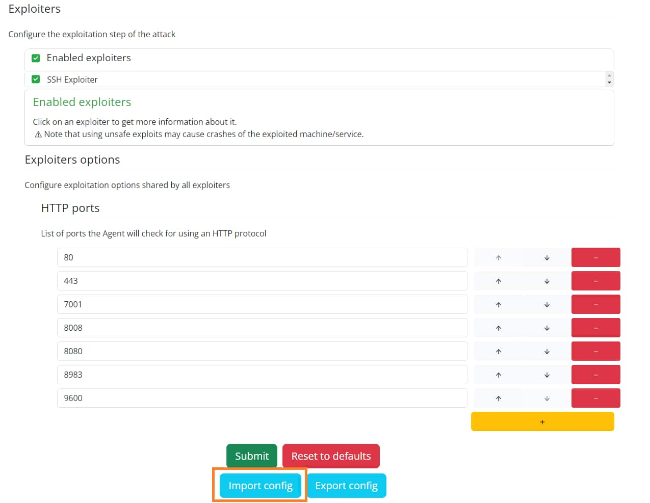 The configuration screen of Infection Monkey Island. There's a section of exploiters and a list of enabled exploiters, it is empty. 