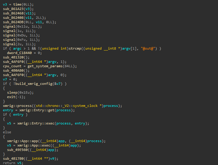 A decompilation of main function of the miner. It starts with a bunch of function calls, then various signals.