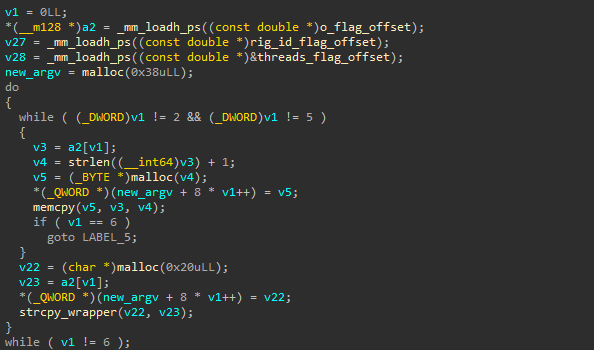 A decompilation of building the new argv for the miner. It loads offsets of the configurations strings, and then allocates a new string array and copies to it in a loop.