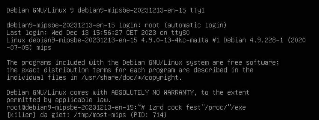 Upon execution of one of the malware samples in a sandbox (the “most-mips” in particular), it prints the unique string referencing “lzrd” to the console, which is what is identified as this particular Mirai malware variant (Figure 1). 