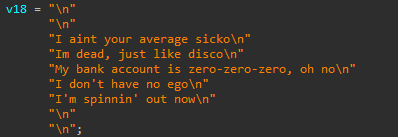 A decompilation from IDA of the song lyrics embedded in the botnet sample.