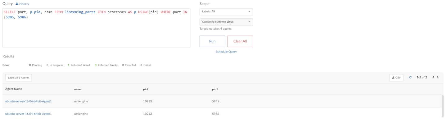 A screen snip from Akamai Guardicore Segmentation's Insight screen, querying Linux agents for processes listening on ports 5985 or 5986