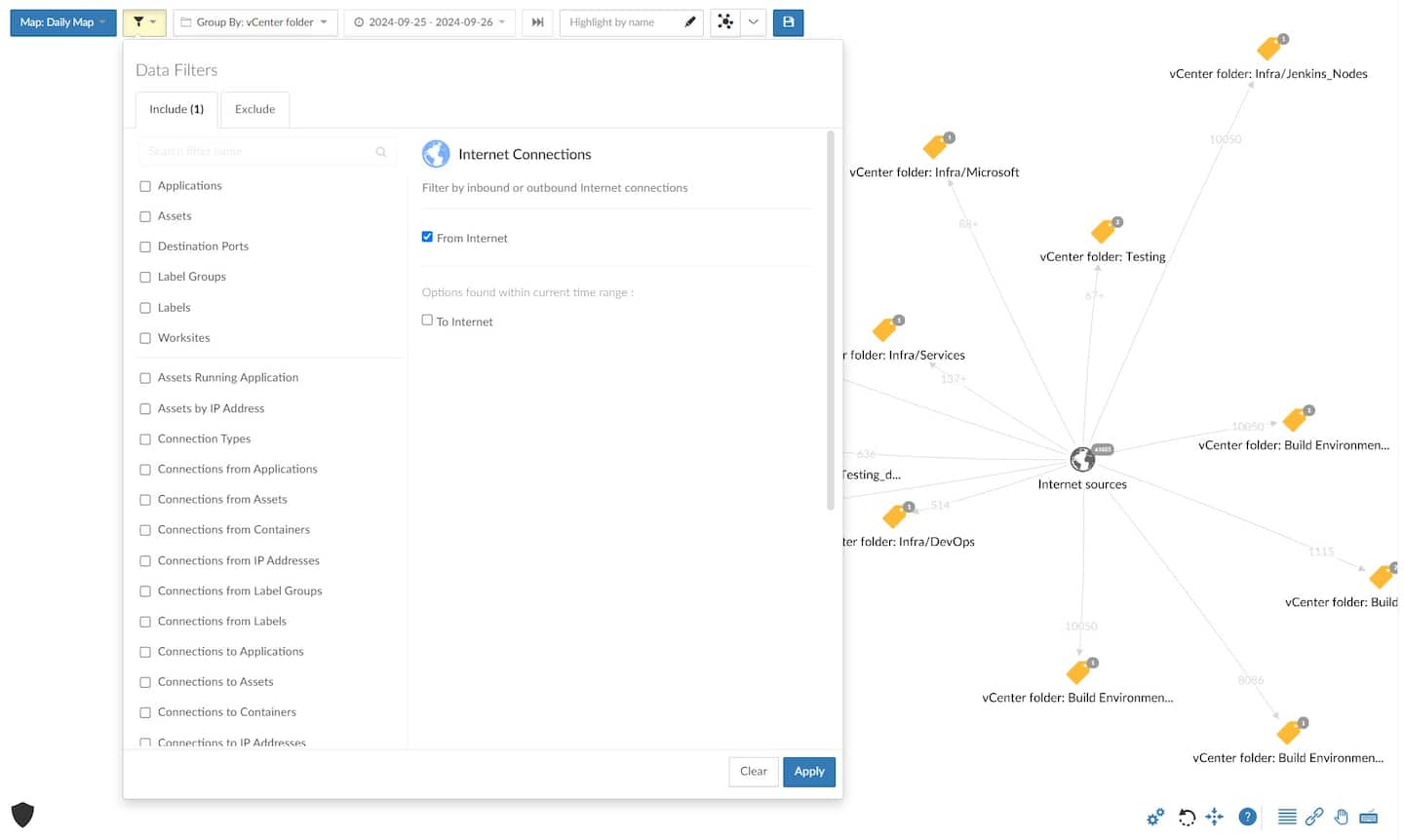 Akamai Guardicore Segmentation customers can use the Internet Connection filter in the Reveal tab to visualize all their services and machines that receive traffic from the internet (Figure 5).