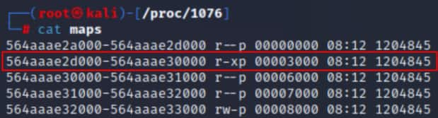 We can find such a region by parsing the previously mentioned procfs maps file, and identifying a memory region with execute (x) permissions (Figure 5).