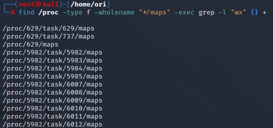 The command in Snippet 5 will scan the maps file of all processes on the system and identify regions with write and execute permissions (Figure 6).