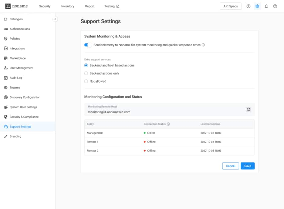 The new Support Settings user interface for on-prem deployments