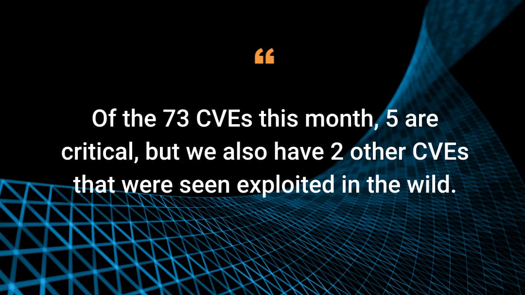 Of the 73 CVEs this month, 5 are critical, but we also have 2 other CVEs that were seen exploited in the wild.