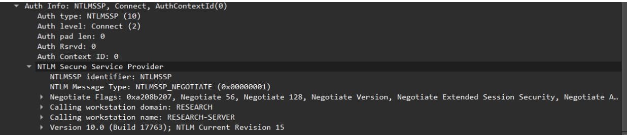 To authenticate (or, in RPC terms, “add security context”), the client has to add additional data to the binding request, negotiate authentication protocol (for example, NTLM or Kerberos), and insert additional metadata required by the authentication protocol (like username, domain, etc.; Figure 2). 