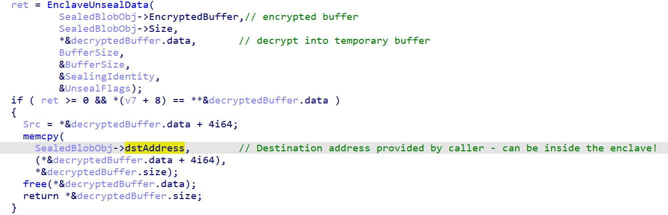 Figure 15 depicts the vulnerable code, showing UnsealSettings performing a memcpy to an arbitrary address supplied by the user.