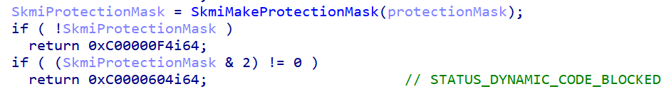 Similar checks are implemented in SkmmProtectVirtualMemory to prevent changes to existing IUM pages (Figure 11).