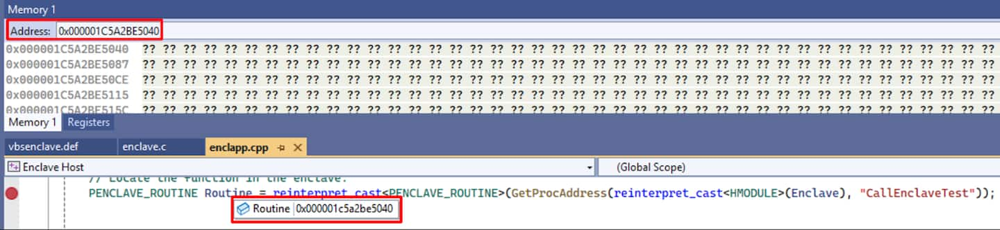  Figure 5 shows an example of a debugger failing to read from a memory address inside an enclave.