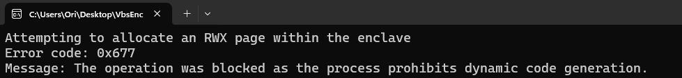  We can observe this by trying to allocate a new RWX page within an enclave using VirtualAlloc — the operation fails with error code 0x677, STATUS_DYNAMIC_CODE_BLOCKED (Figure 10). 