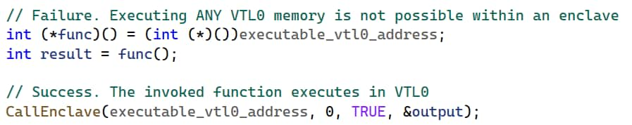 By using the CallEnclave API with a VTL0 address, an enclave can trigger the execution of VTL0 code in a normal user mode thread  (Figure 13).