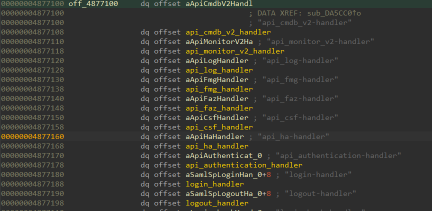 Then, we can search one of the handler strings in the binary to find the handler table (Figure 11).