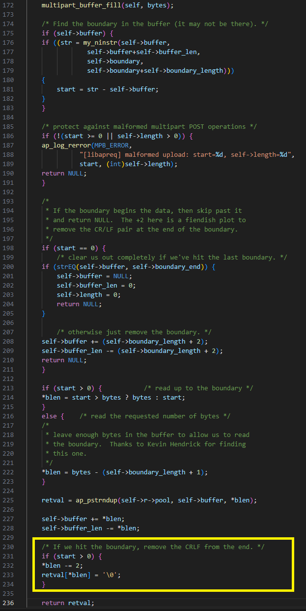  In Figure 18, retval is the string returned and start is its length, which equals 1. In this case, blen also equals start. It is then decreased by two to the value -1. We thus have the ability to write NULL one byte before the buffer.