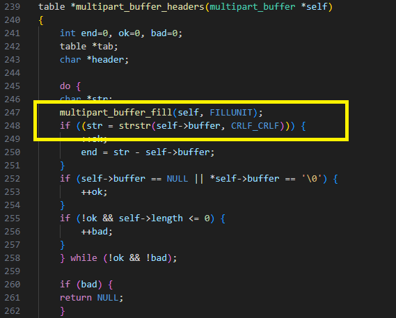 If the client dropped the connection while multipart_buffer_fill was waiting for input, it sets the buffer to NULL and this leads to a NULL dereference (Figure 25).