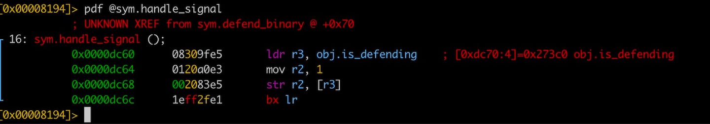 Once it has caught the signal, the “handle_signal” function sets a flag in memory, indicating that the signal has been caught and that the binary was “defended” (Figure 2).