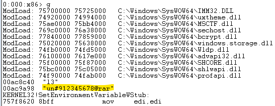 We can extract the hidden information using a debugger in two ways: break when an environment variable named "l3" is accessed (Figure 10) or break on every modification of the environment variables.