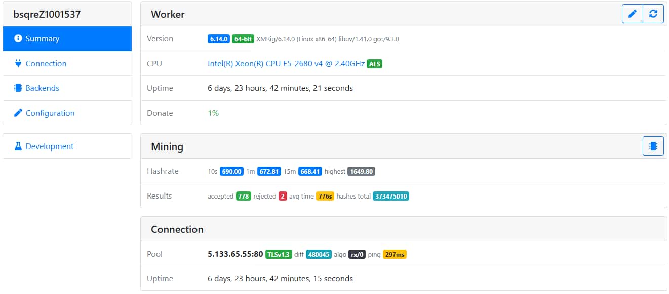 This interface only enables us to query information, so although we can see activity, we can’t control the miner through it nor shut it down (Figure 6).