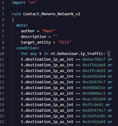 Using VirusTotal Livehunt, we can identify files containing known node addresses, which will help us detect active cryptominer campaigns (Figure 2). 