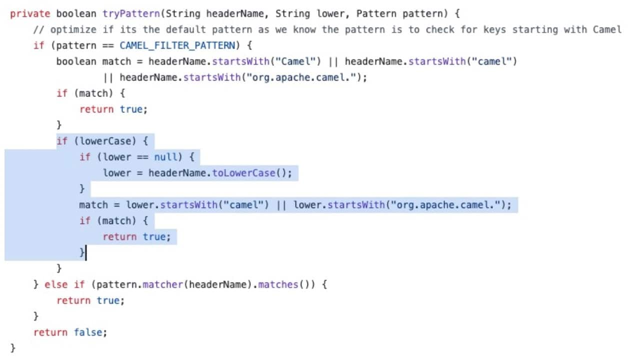 The GitHub commit updated the header filtering logic in DefaultHeaderFilterStrategy.java to include toLowerCase(Locale.ENGLISH) to ensure all header names are converted to lowercase before applying the filter (Figure 6). 