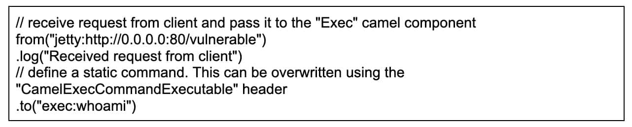 L'applicazione è in ascolto sulla porta HTTP 80 e, alla ricezione di una richiesta, utilizza il componente "Exec" di Camel per eseguire il comando whoami e inviare il risultato al client.