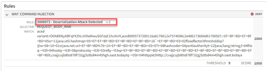 Many exploit attempts are mitigated by existing Adaptive Security Engine rules, including those that detect Java deserialization attempts (Figure 3).