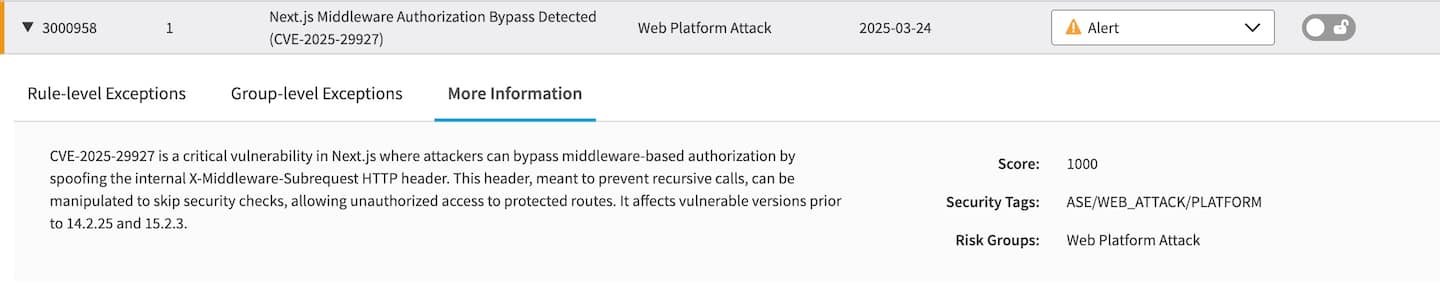 On March 24, 2025, Akamai Threat Research Team also deployed an Adaptive Security Engine Rapid Rule for App & API Protector customers to provide them with full coverage (Figure 4).