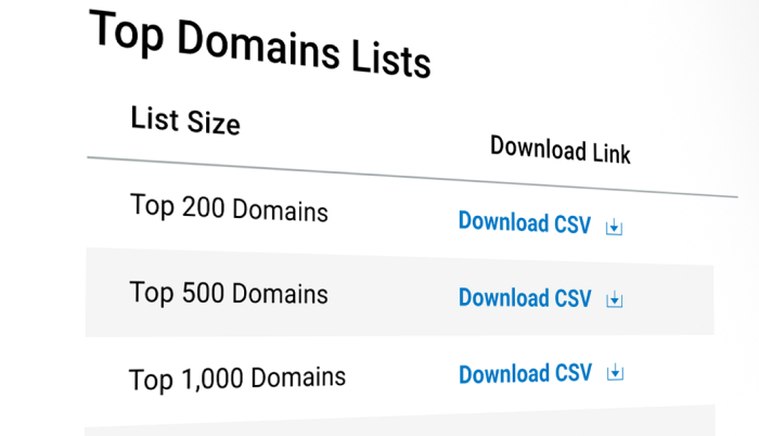 AkaRank screen capture showing the top domain lists