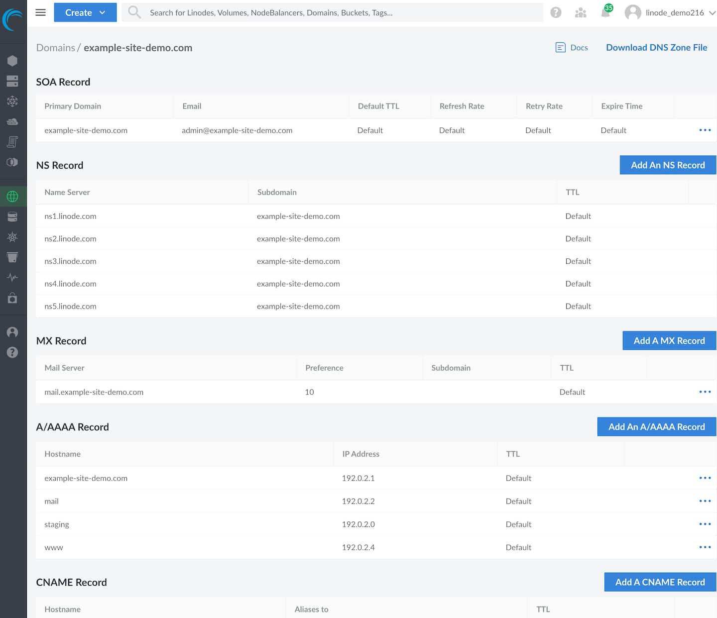 Imagen de la interfaz de usuario de gestión de dominios de Linode.