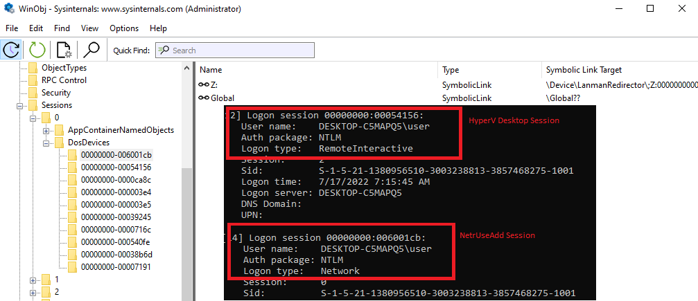 Screenshot of WinObj, showing the created logical drive letter only exists in the context of the attack logon session, and not in the interactive session