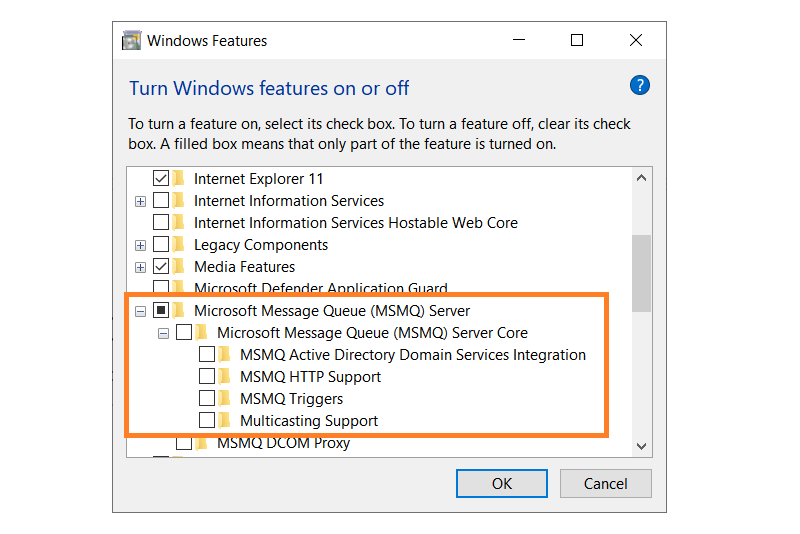 El cuadro de diálogo Características de Windows muestra tanto la característica del servicio de Message Queue Server de Microsoft como la compatibilidad con multidifusión