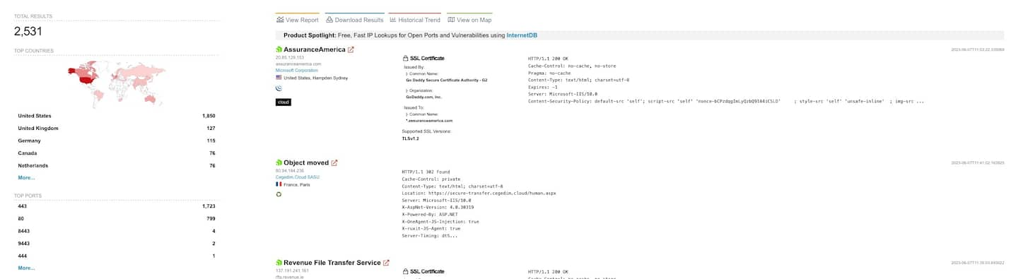 Imagen de mapa de Shodan, donde aparecen los servidores que ejecutan una versión vulnerable de la campaña MOVEit