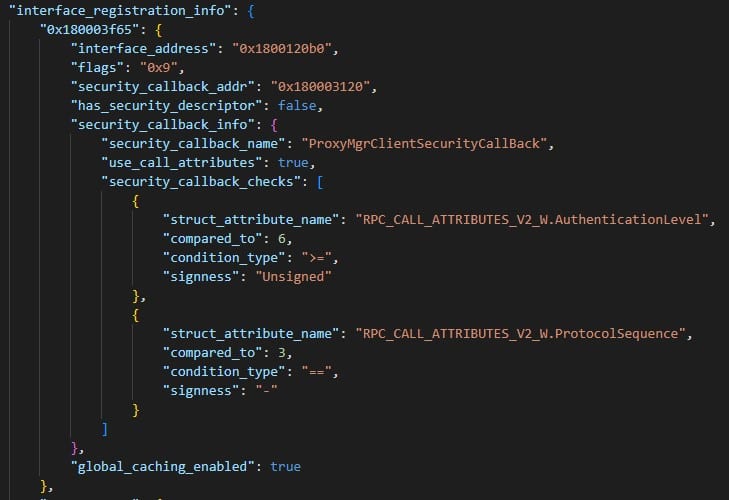 Ejemplo de la nueva incorporación a la respuesta de RPC PE Analyzer (información sobre la devolución de llamada de seguridad)