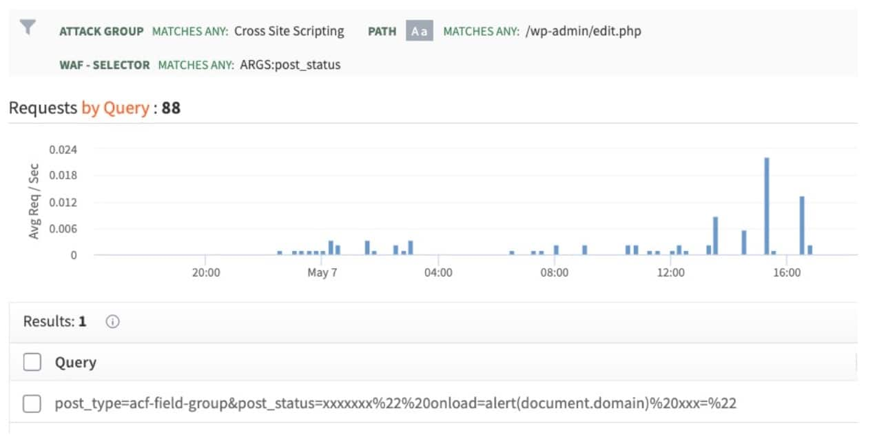  Una captura de pantalla del panel de Web Security Analytics de Akamai que muestra la actividad de análisis de vulnerabilidades de este atacante