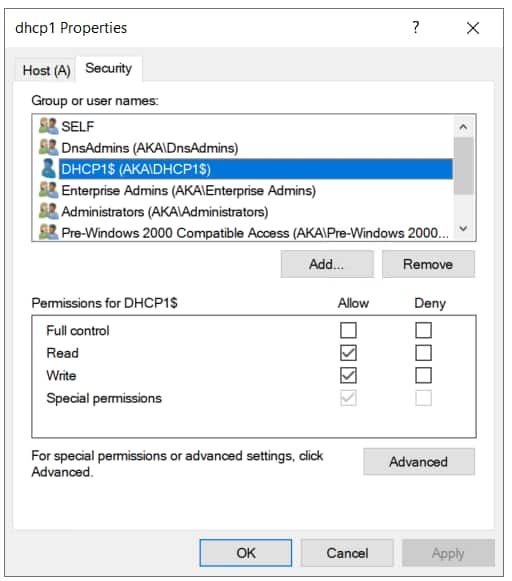 La figura 31 muestra un ejemplo. Nuestro registro dhcp1.aka.test del servidor de DHCP tiene inicialmente una ACL segura.